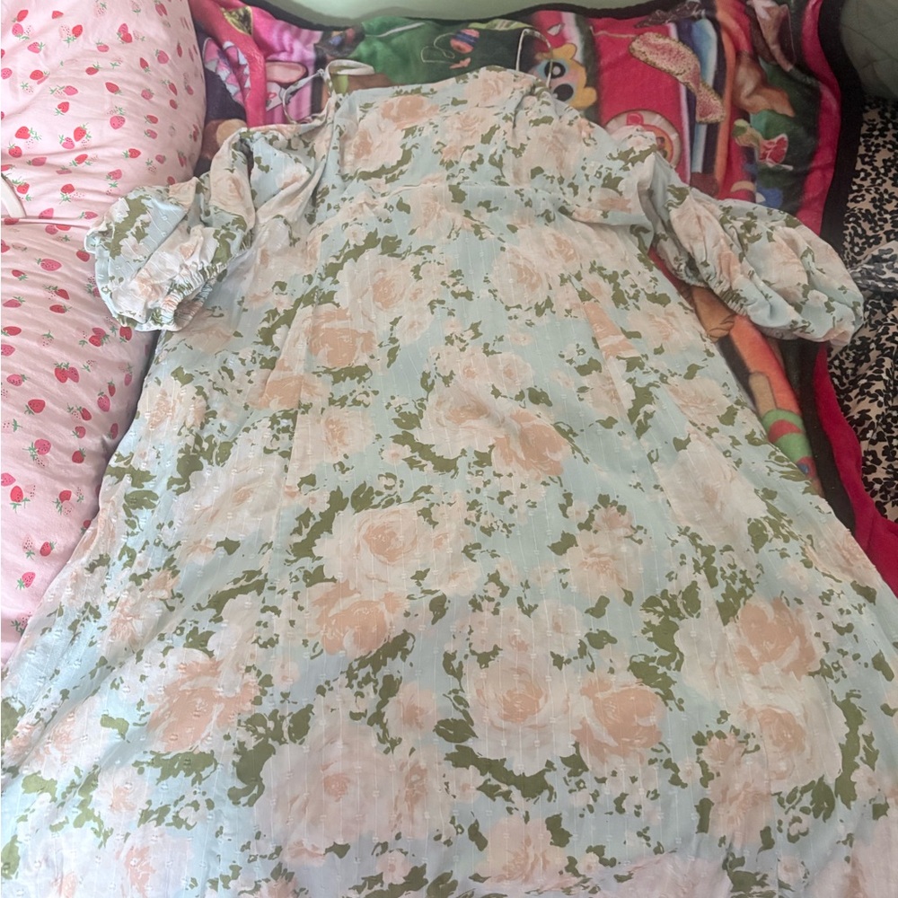 Old Navy baby blue floral Dress with Green and Peach Accents 2XL
